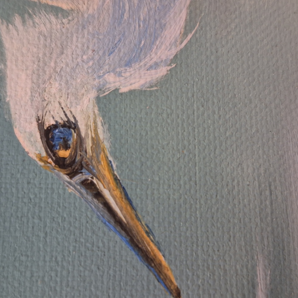 Oil On Canvas White Egret Painting with Rope Frame 10" x 13" - Signed PJW - Picture 3 of 5